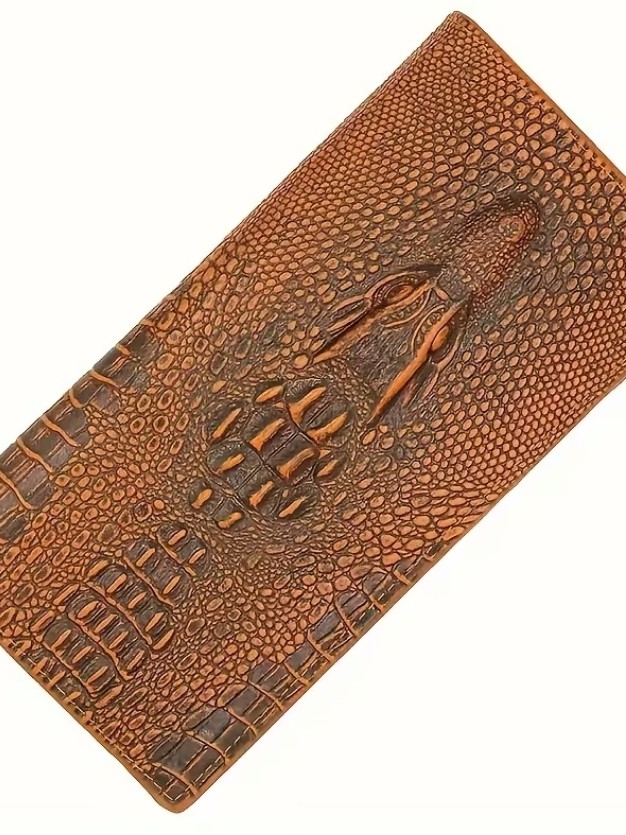 Mens CrocEmbossed Leather Long Wallet  Card Holder  Brown